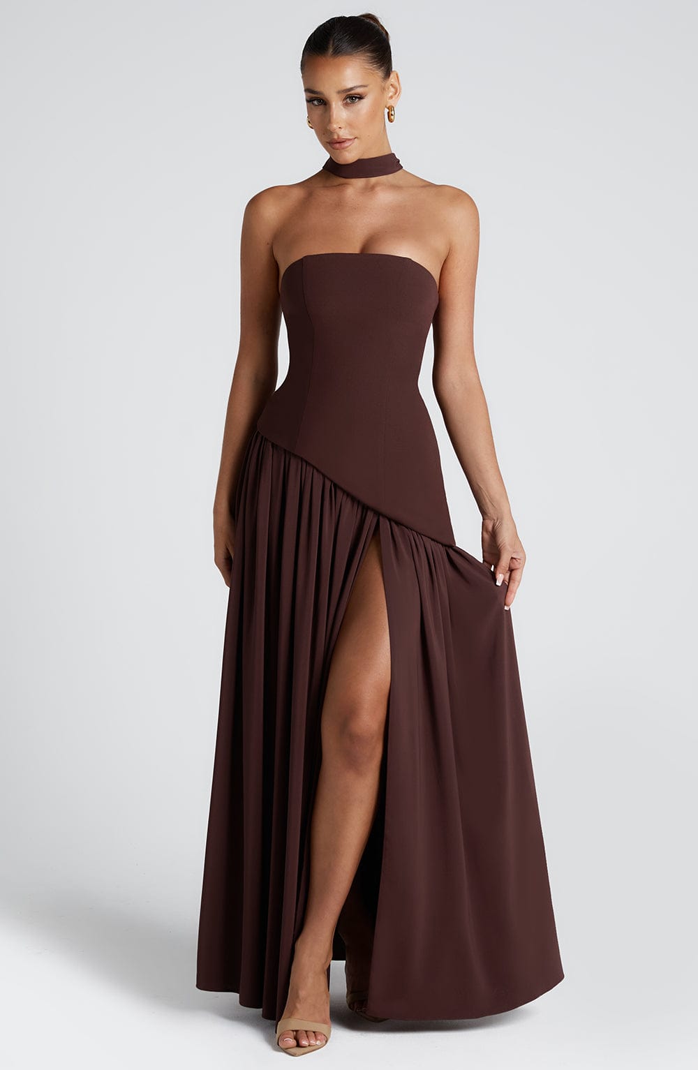 Velmora | Women's Wine Red Stretch Velour Maxi Dress – Plunging Neckline & High Slit Evening Gown 2