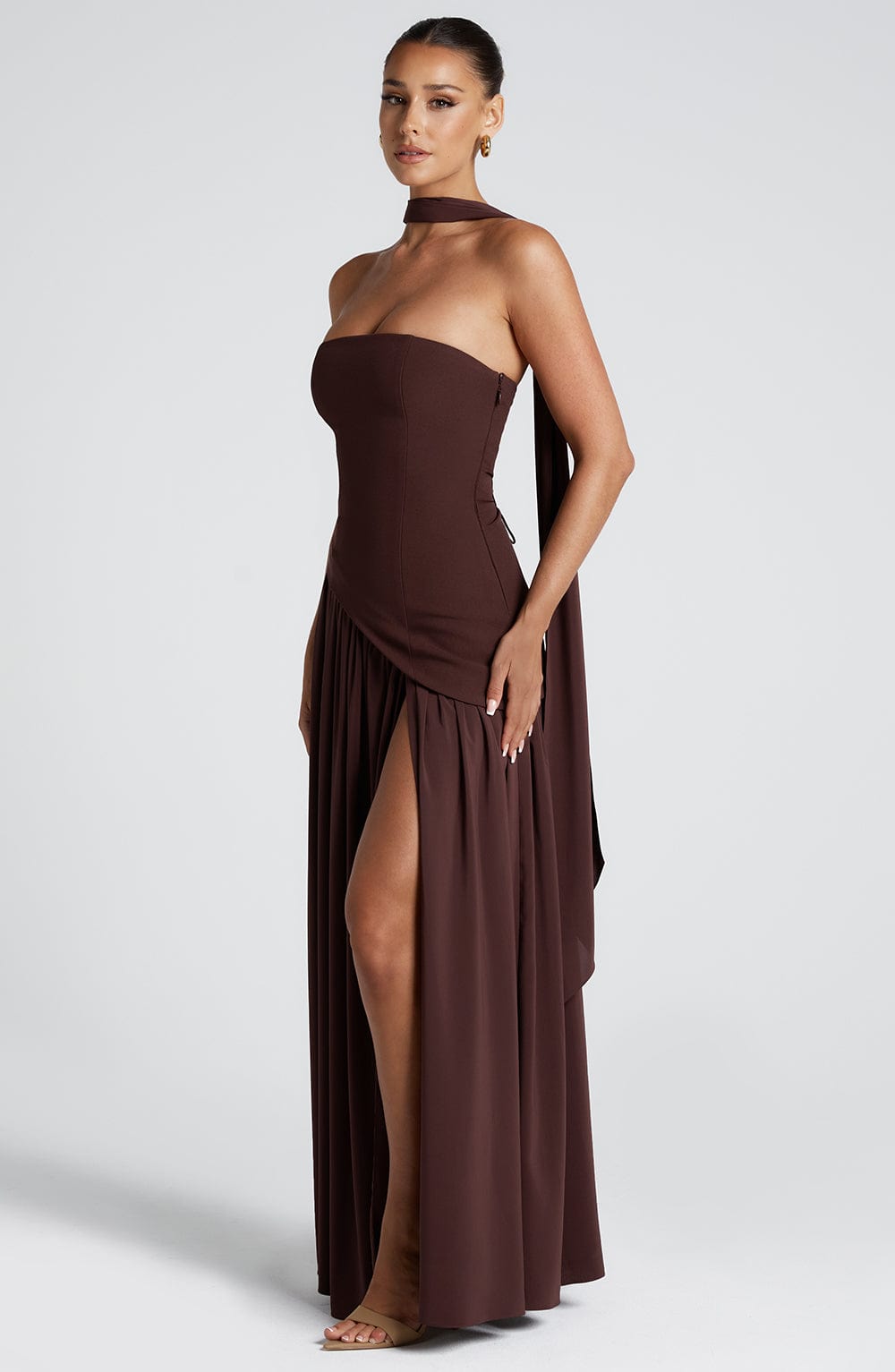 Velmora | Women's Wine Red Stretch Velour Maxi Dress – Plunging Neckline & High Slit Evening Gown 10
