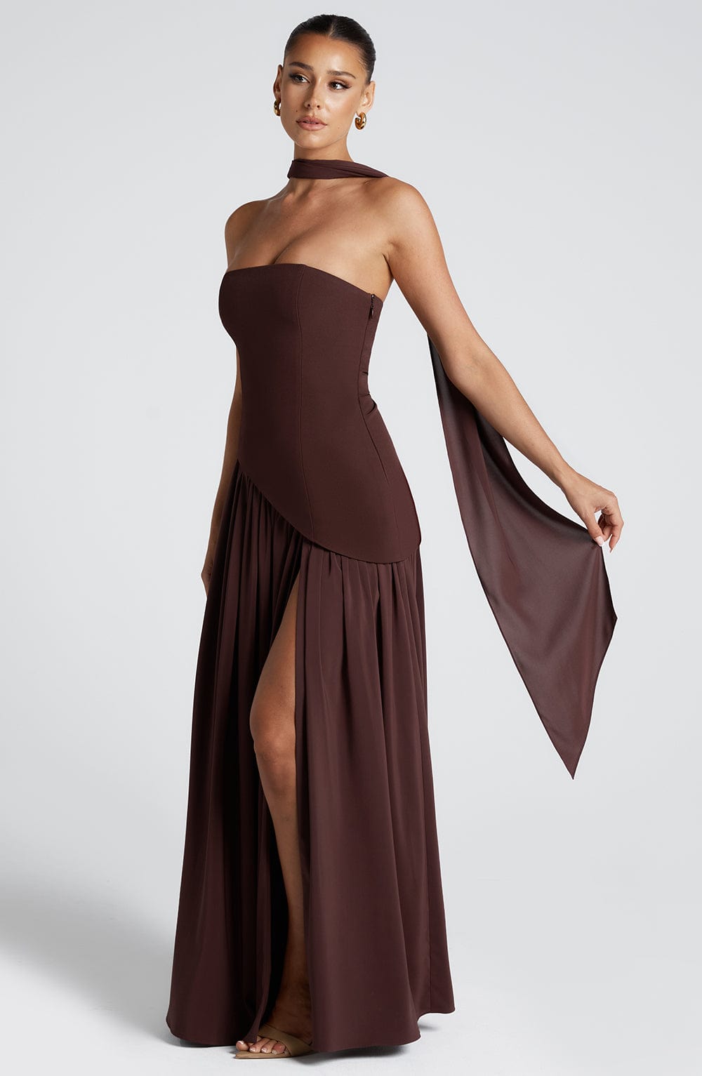 Velmora | Women's Wine Red Stretch Velour Maxi Dress – Plunging Neckline & High Slit Evening Gown 8