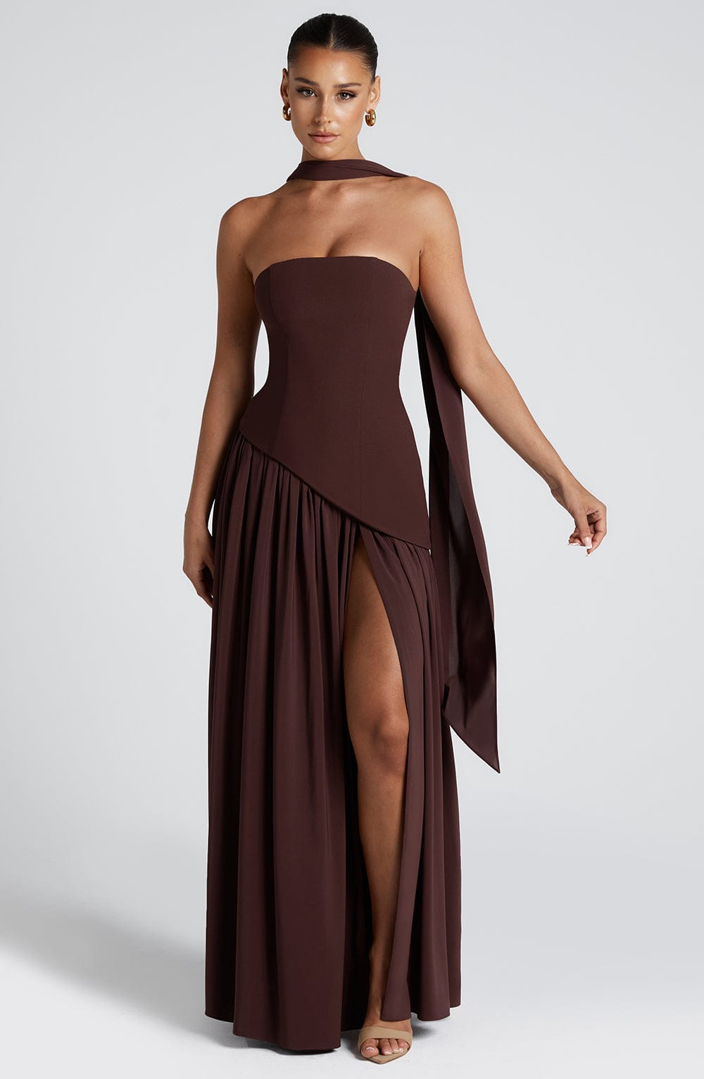Velmora | Women's Wine Red Stretch Velour Maxi Dress – Plunging Neckline & High Slit Evening Gown 9