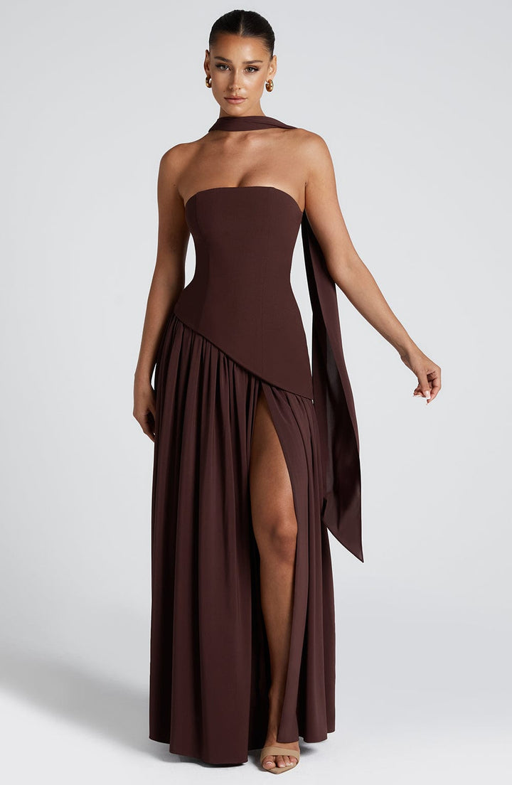 Velmora | Women's Wine Red Stretch Velour Maxi Dress – Plunging Neckline & High Slit Evening Gown 9