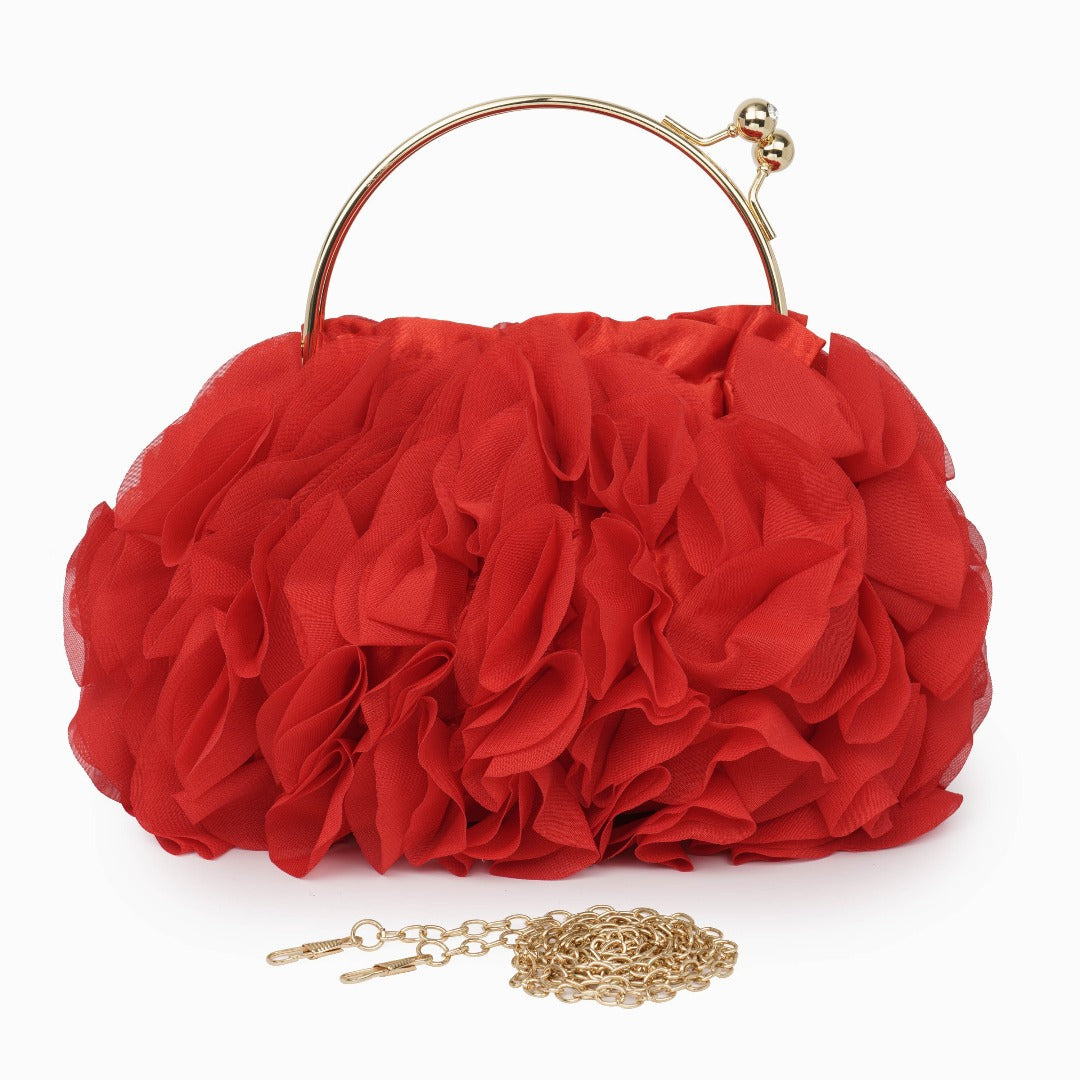 Rouselle | Women's Ruffle Evening Clutch Bag – Gold Kiss-Lock Frame & Detachable Chain 11