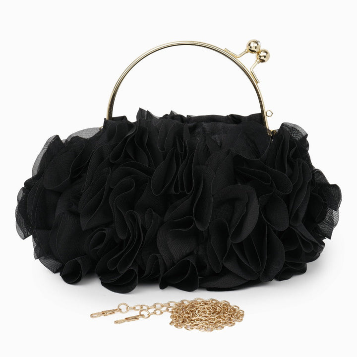 Rouselle | Women's Ruffle Evening Clutch Bag – Gold Kiss-Lock Frame & Detachable Chain 4