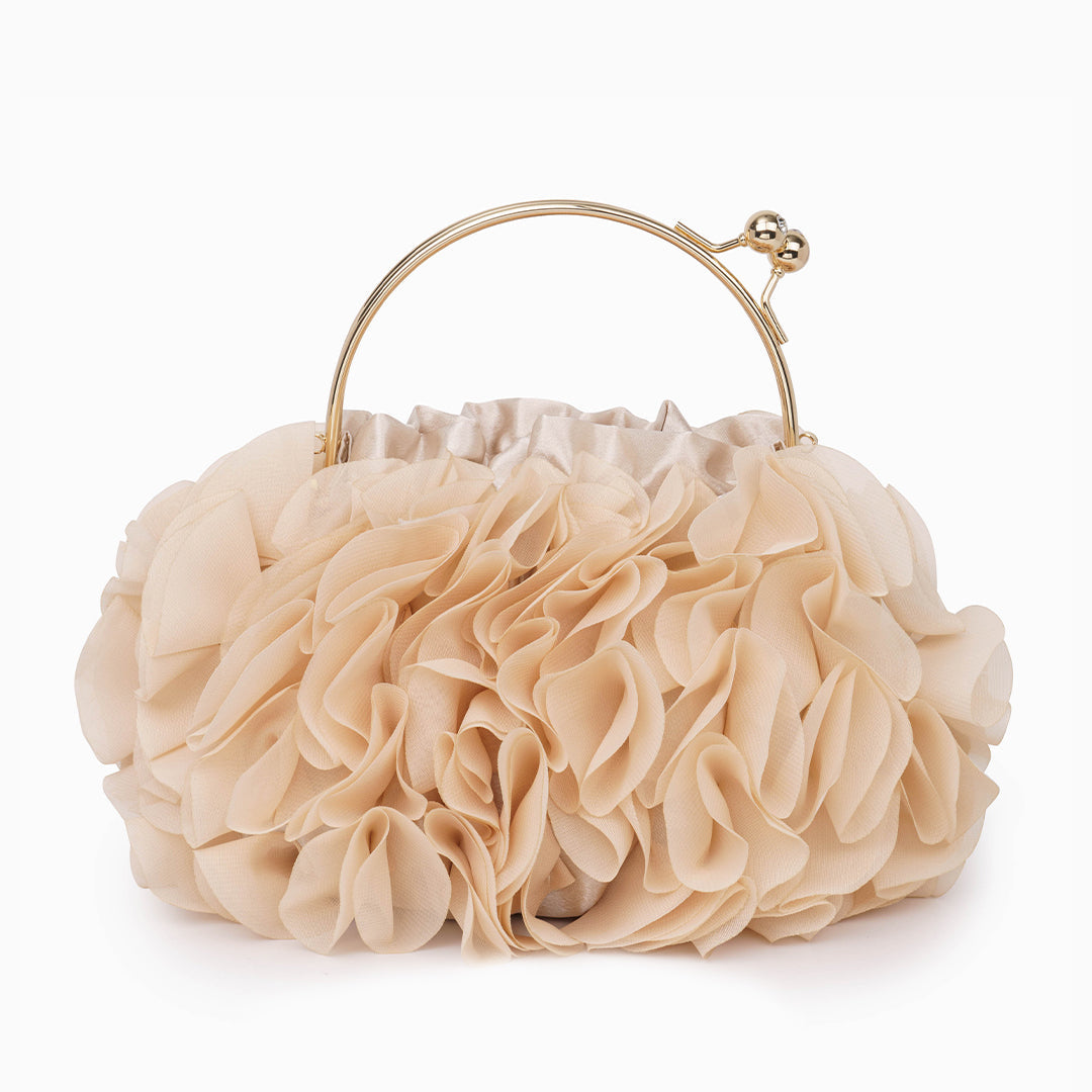 Rouselle | Women's Ruffle Evening Clutch Bag – Gold Kiss-Lock Frame & Detachable Chain 10