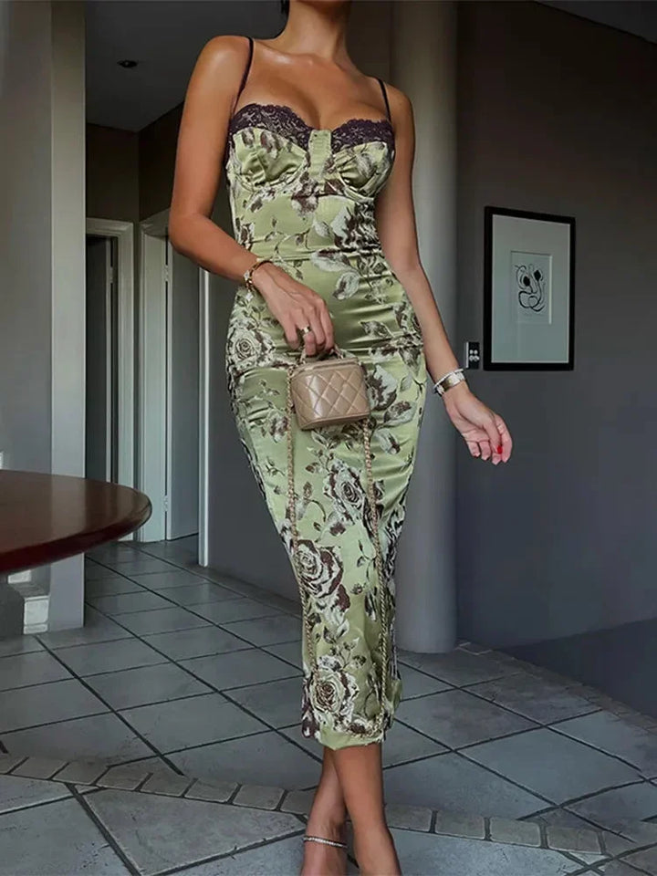 Florencia | Women's Elegant Floral Sleeveless Midi Evening Dress