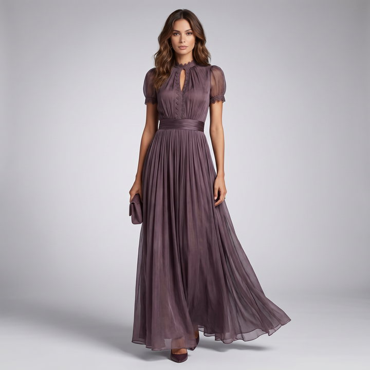 Lacevienne | Women's Elegant Lace Chiffon Maxi Dress – Keyhole Neck Formal Evening Gown 1