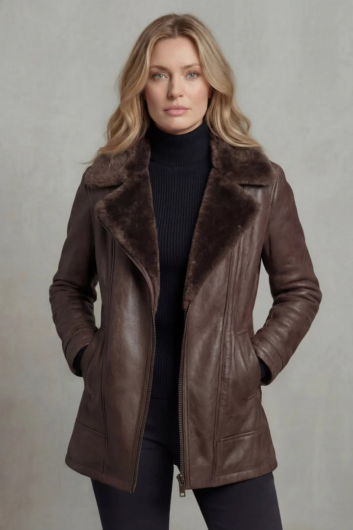 Alverine | Women’s Shearling-Collar Leather Jacket