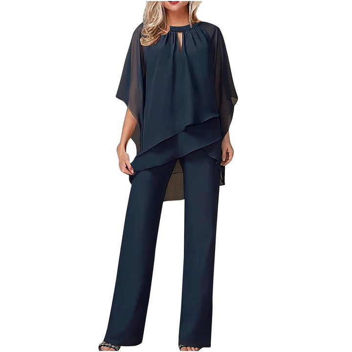 Chiffavelle | Women's Elegant Chiffon Two-Piece Trouser Suit – Asymmetric Batwing Top & Wide-Leg Trousers 1