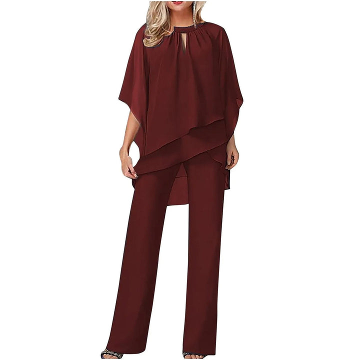 Chiffavelle | Women's Elegant Chiffon Two-Piece Trouser Suit – Asymmetric Batwing Top & Wide-Leg Trousers 2