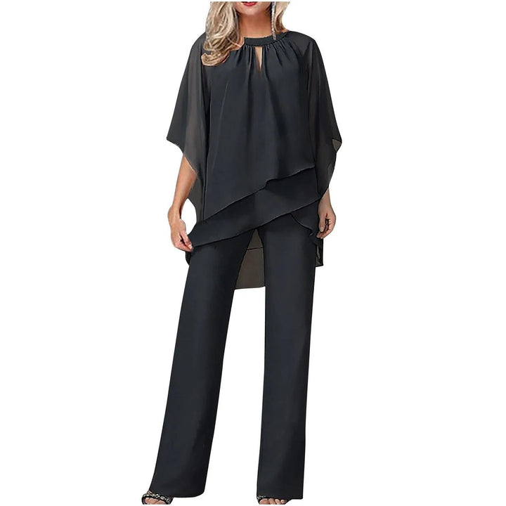 Chiffavelle | Women's Elegant Chiffon Two-Piece Trouser Suit – Asymmetric Batwing Top & Wide-Leg Trousers 3