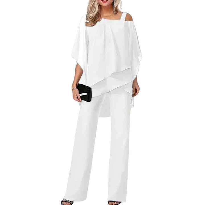 Chiffavelle | Women's Elegant Chiffon Two-Piece Trouser Suit – Asymmetric Batwing Top & Wide-Leg Trousers 4