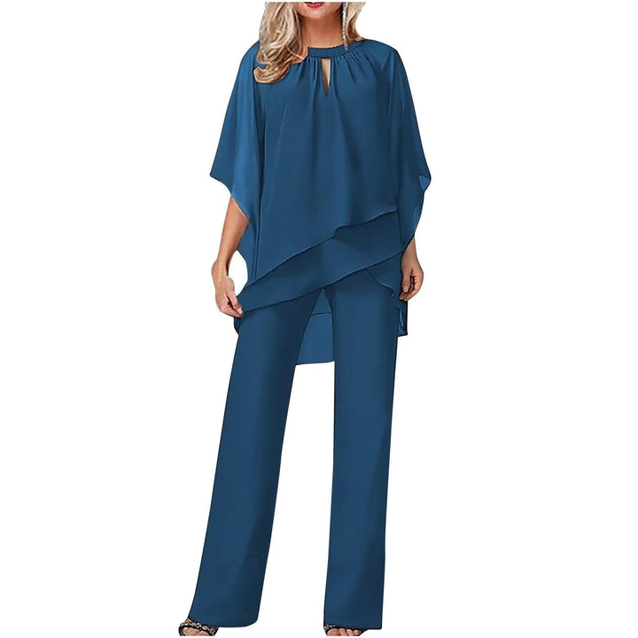 Chiffavelle | Women's Elegant Chiffon Two-Piece Trouser Suit – Asymmetric Batwing Top & Wide-Leg Trousers 5