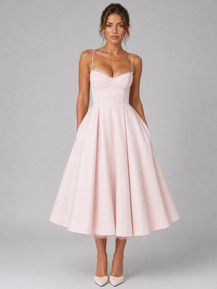 Corselisse | Women's Corset Midi Dress – Sweetheart Neckline, Lace Trim & Pleated Tulle Skirt 1