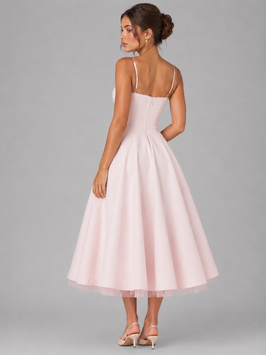 Corselisse | Women's Corset Midi Dress – Sweetheart Neckline, Lace Trim & Pleated Tulle Skirt 2