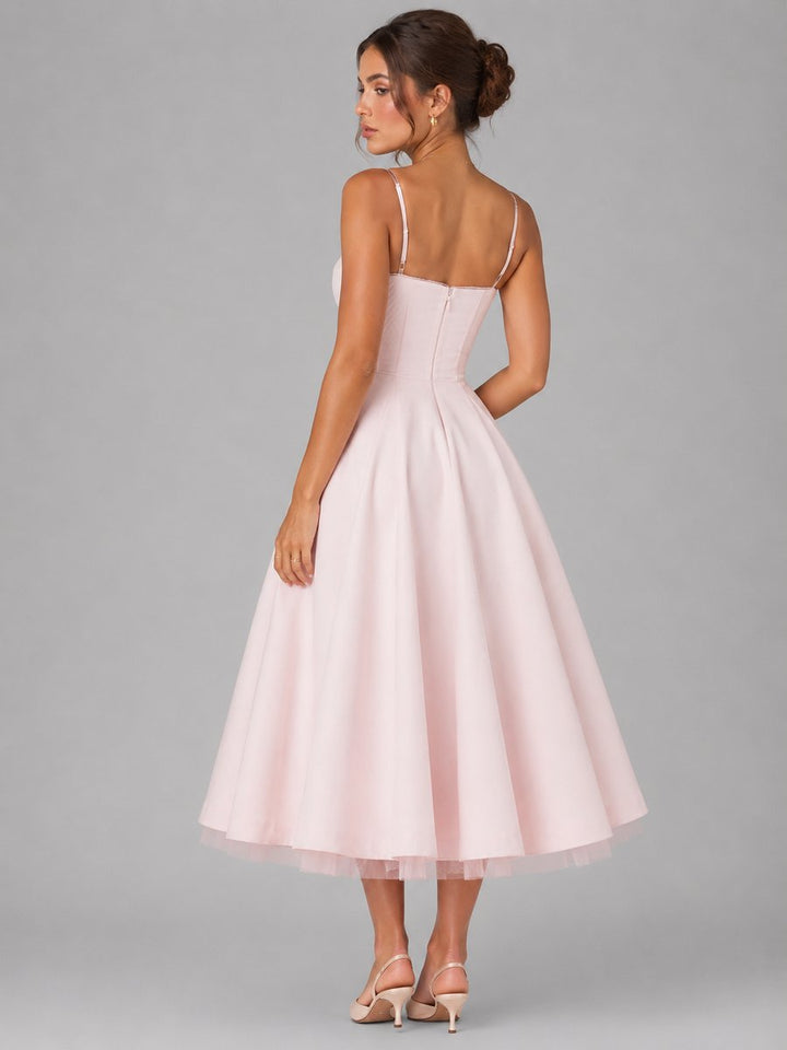 Corselisse | Women's Corset Midi Dress – Sweetheart Neckline, Lace Trim & Pleated Tulle Skirt 2