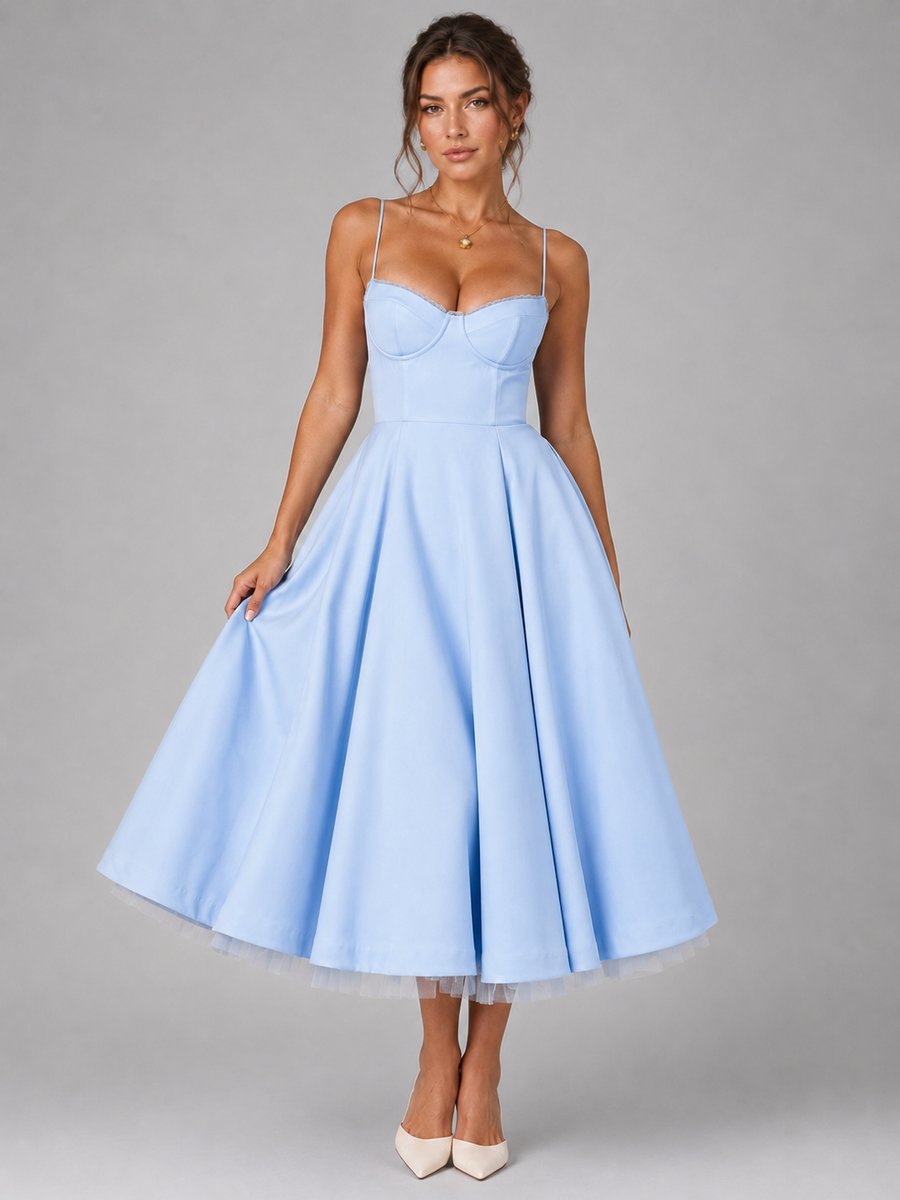 Corselisse | Women's Corset Midi Dress – Sweetheart Neckline, Lace Trim & Pleated Tulle Skirt 4