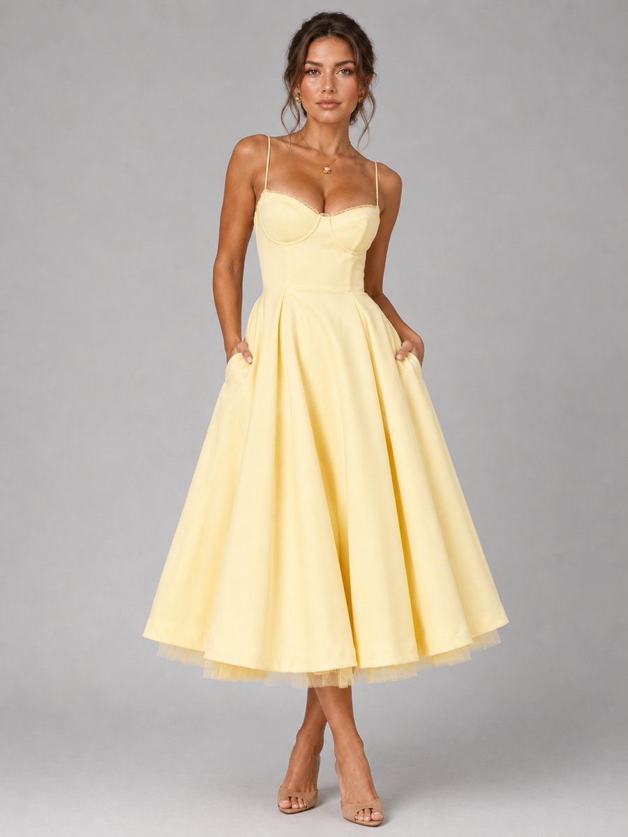 Corselisse | Women's Corset Midi Dress – Sweetheart Neckline, Lace Trim & Pleated Tulle Skirt 5