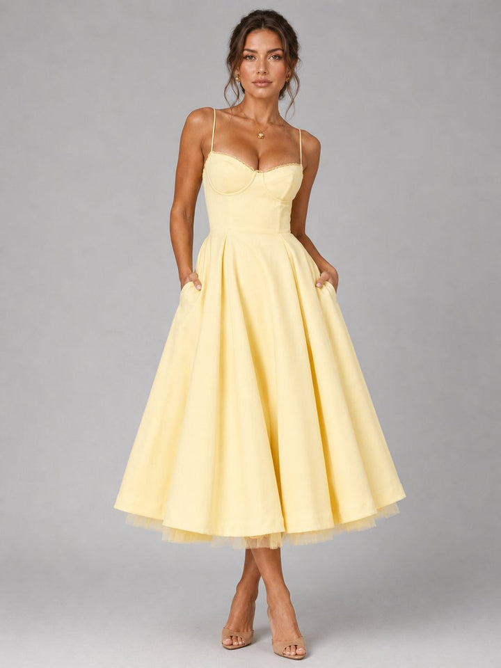 Corselisse | Women's Corset Midi Dress – Sweetheart Neckline, Lace Trim & Pleated Tulle Skirt 5