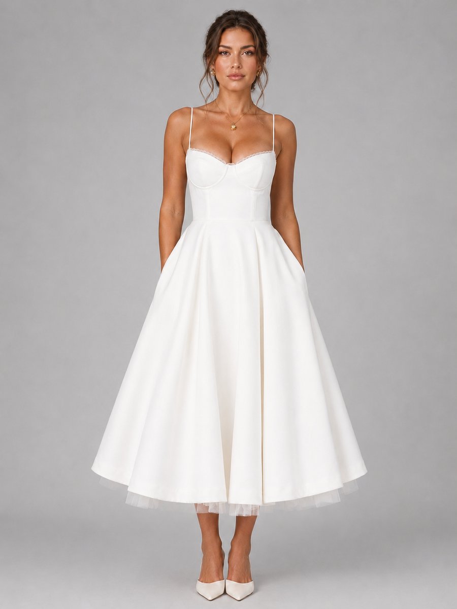 Corselisse | Women's Corset Midi Dress – Sweetheart Neckline, Lace Trim & Pleated Tulle Skirt 6