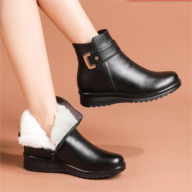 Luvemont | Women's Genuine Leather Fleece-Lined Wedge Ankle Boots