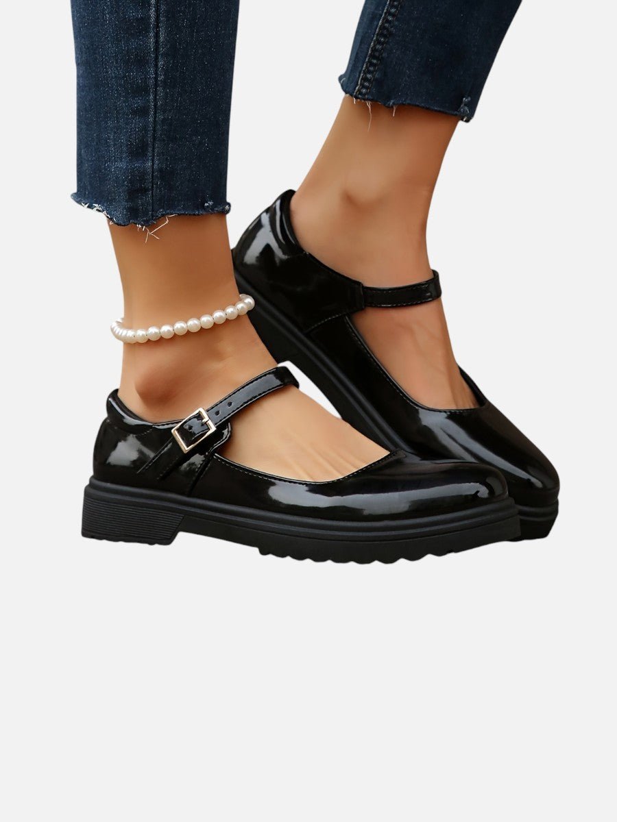Gloselle | Women's Patent Mary Jane Flat Shoes – Chunky Sole Buckle Strap Loafers 6