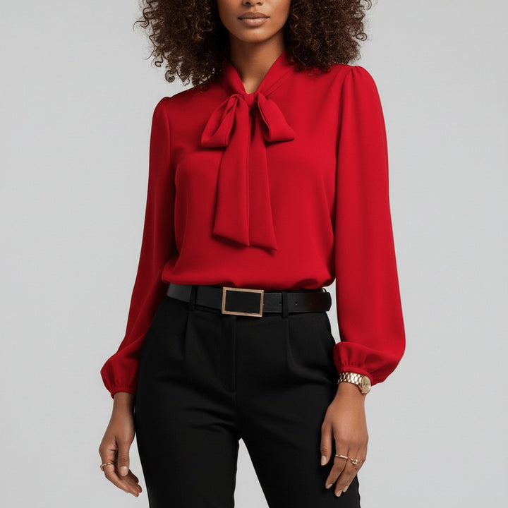 Bowmira | Women's Elegant Bow-Tie Neck Blouse – Relaxed-Fit Long-Sleeve Office Top 1