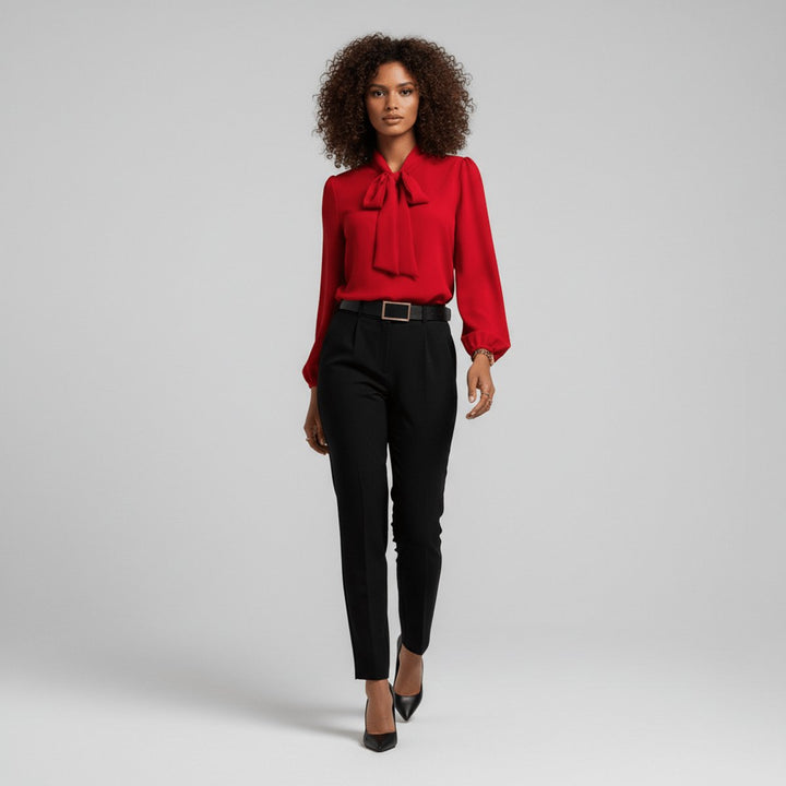 Bowmira | Women's Elegant Bow-Tie Neck Blouse – Relaxed-Fit Long-Sleeve Office Top 2