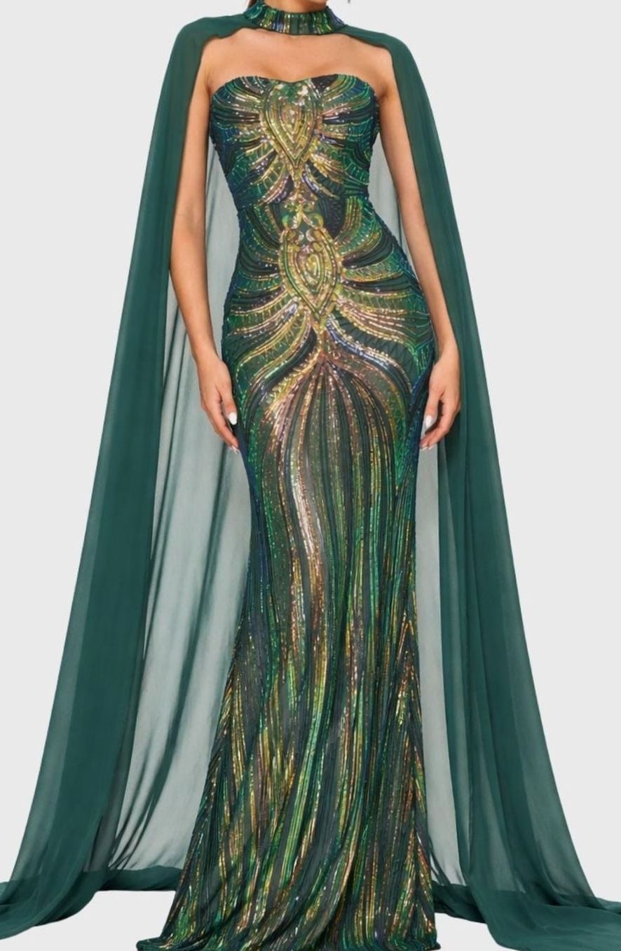 Emeravelle | Women's Emerald Green Sequin Mermaid Evening Gown – Elegant Cape Formal Maxi Dress 1