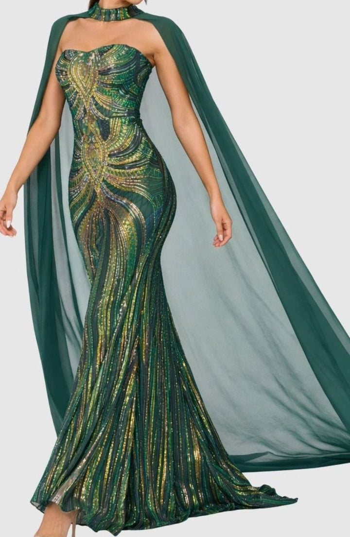Emeravelle | Women's Emerald Green Sequin Mermaid Evening Gown – Elegant Cape Formal Maxi Dress 3