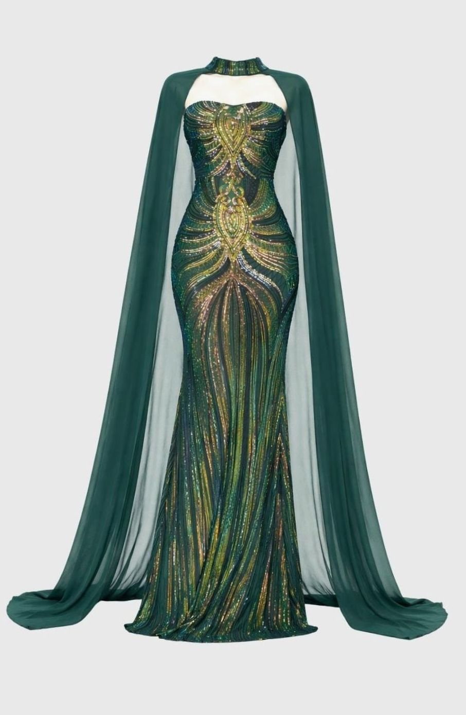 Emeravelle | Women's Emerald Green Sequin Mermaid Evening Gown – Elegant Cape Formal Maxi Dress 5