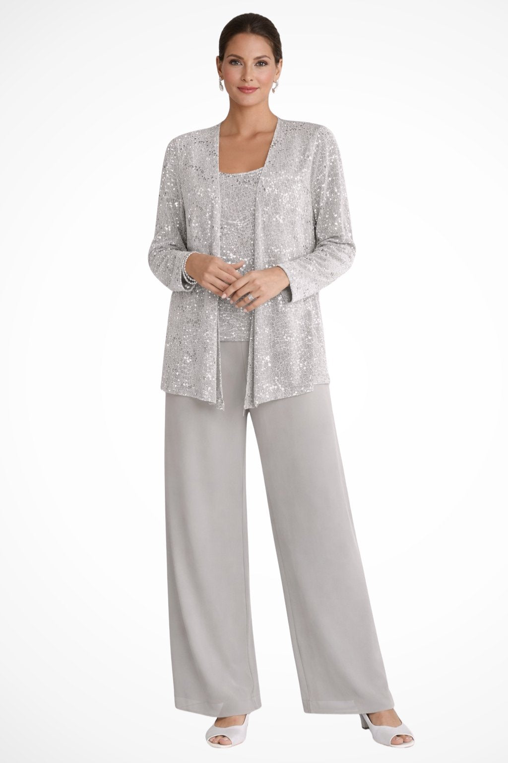 Silvienne | Women's Sequin Three-Piece Trouser Set – Elegant Silver-Grey Jacket, Camisole & Wide-Leg Trousers 1