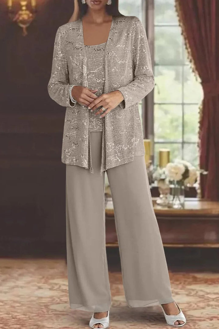 Silvienne | Women's Sequin Three-Piece Trouser Set – Elegant Silver-Grey Jacket, Camisole & Wide-Leg Trousers 10