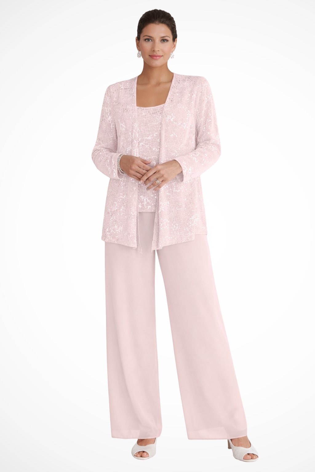Silvienne | Women's Sequin Three-Piece Trouser Set – Elegant Silver-Grey Jacket, Camisole & Wide-Leg Trousers 11