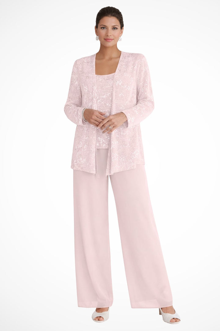 Silvienne | Women's Sequin Three-Piece Trouser Set – Elegant Silver-Grey Jacket, Camisole & Wide-Leg Trousers 11
