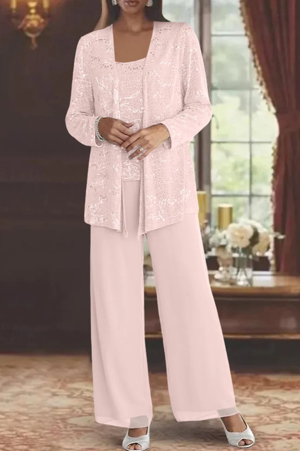 Silvienne | Women's Sequin Three-Piece Trouser Set – Elegant Silver-Grey Jacket, Camisole & Wide-Leg Trousers 12