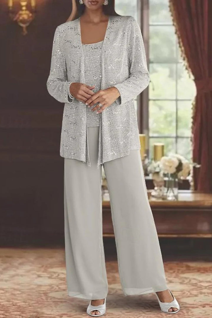 Silvienne | Women's Sequin Three-Piece Trouser Set – Elegant Silver-Grey Jacket, Camisole & Wide-Leg Trousers 2