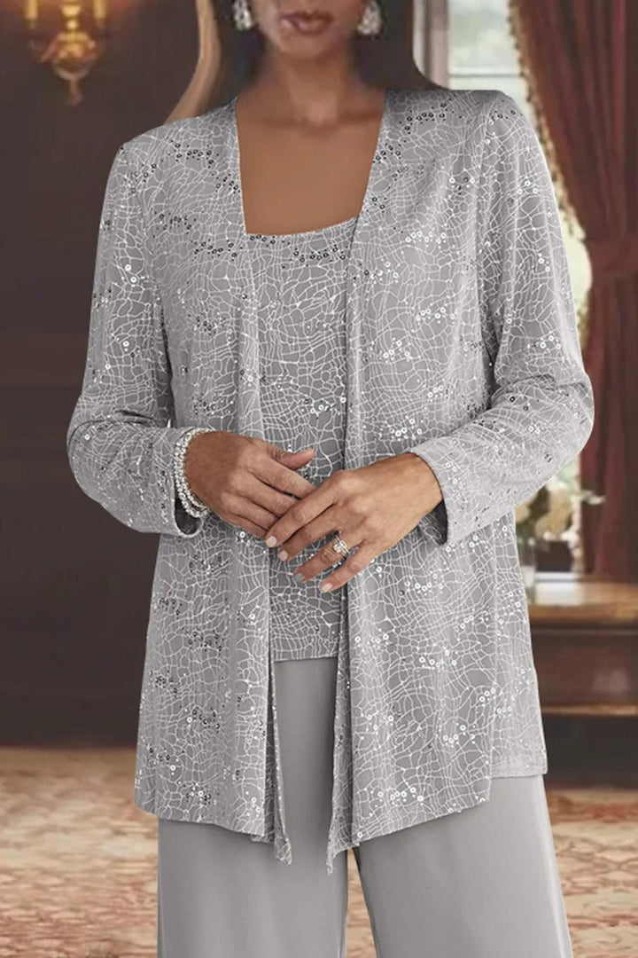Silvienne | Women's Sequin Three-Piece Trouser Set – Elegant Silver-Grey Jacket, Camisole & Wide-Leg Trousers 3