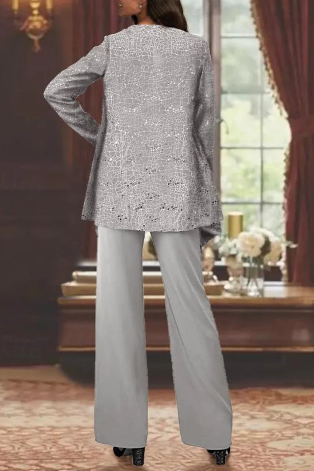 Silvienne | Women's Sequin Three-Piece Trouser Set – Elegant Silver-Grey Jacket, Camisole & Wide-Leg Trousers 4