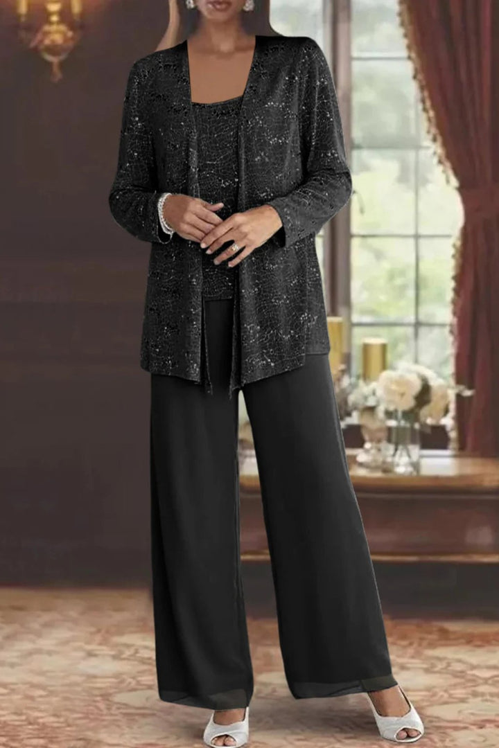 Silvienne | Women's Sequin Three-Piece Trouser Set – Elegant Silver-Grey Jacket, Camisole & Wide-Leg Trousers 6