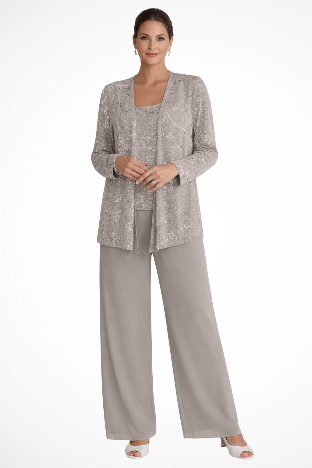 Silvienne | Women's Sequin Three-Piece Trouser Set – Elegant Silver-Grey Jacket, Camisole & Wide-Leg Trousers 9