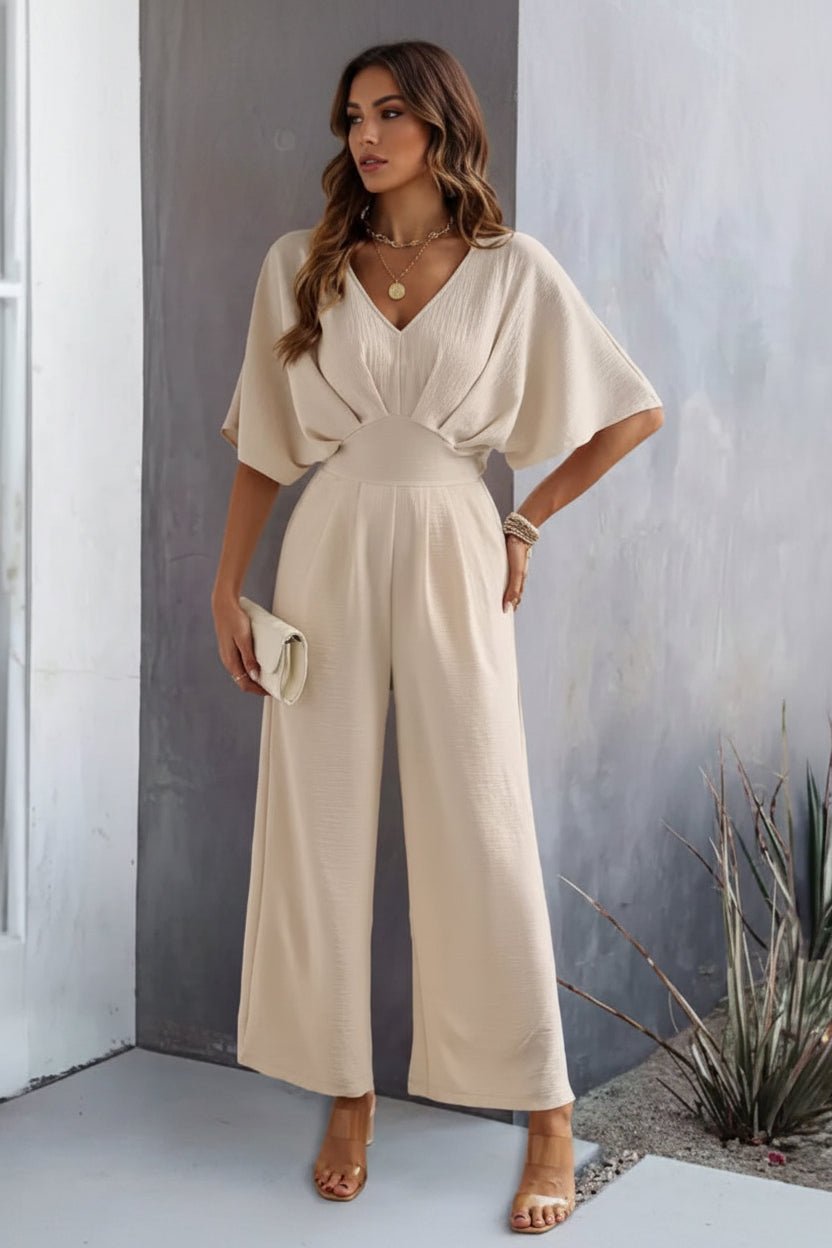 Drapevia | Women's Elegant Wide-Leg Jumpsuit – Batwing Sleeve V-Neck Cinched-Waist One-Piece Outfit 1