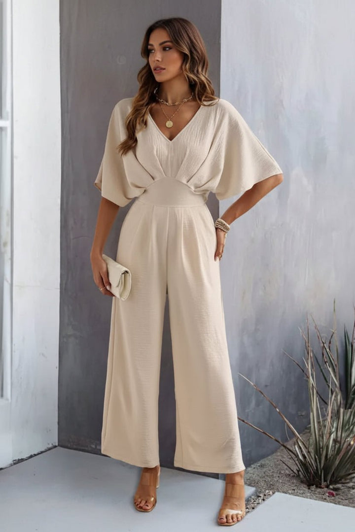 Drapevia | Women's Elegant Wide-Leg Jumpsuit – Batwing Sleeve V-Neck Cinched-Waist One-Piece Outfit 1