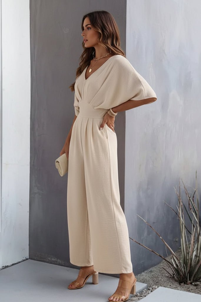Drapevia | Women's Elegant Wide-Leg Jumpsuit – Batwing Sleeve V-Neck Cinched-Waist One-Piece Outfit 2