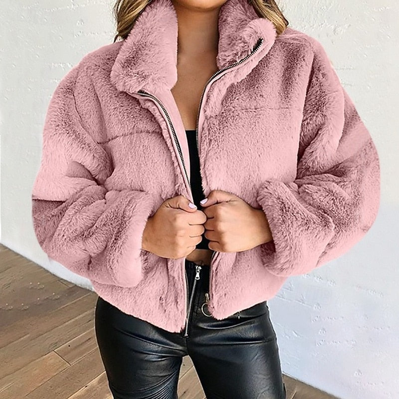 Elvoria | Women's Cropped Faux Fur Zip-Up Jacket