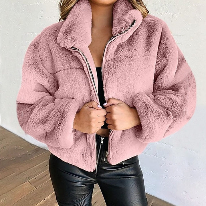 Elvoria | Women's Cropped Faux Fur Zip-Up Jacket