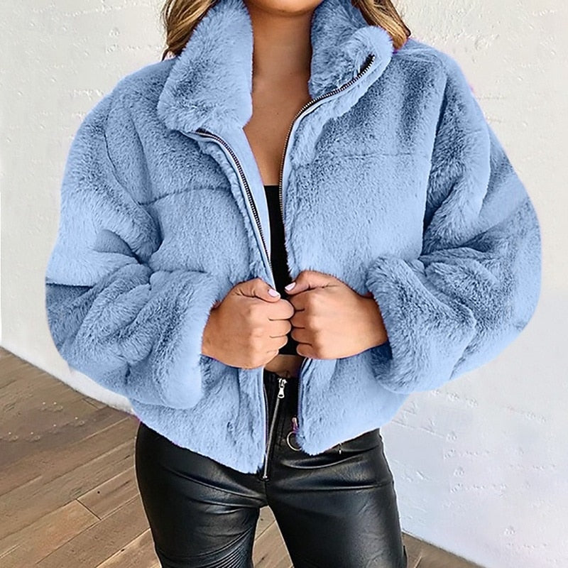 Elvoria | Women's Cropped Faux Fur Zip-Up Jacket